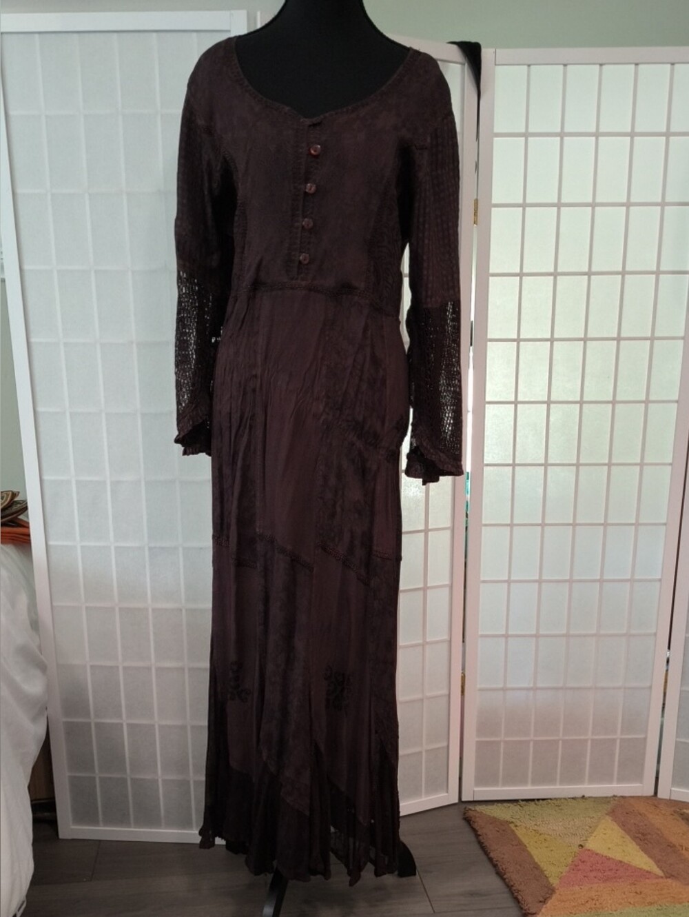 Denim 24/7 Deep Chocolate Brown Maxi Dress with Crochet Sleeves